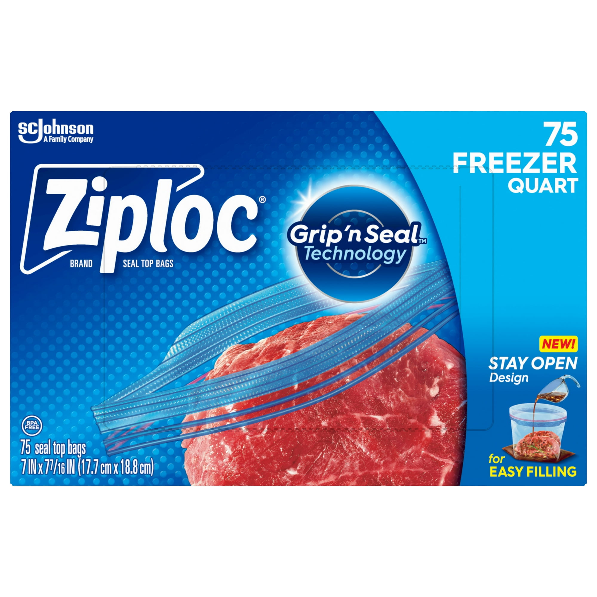 Ziploc® Brand Freezer Bags with New Stay Open Design, Quart, 75, Patented Stand-up Bottom, Easy to Fill Freezer Bag, Unloc a Free Set of Hands in the Kitchen, Microwave Safe, BPA Free