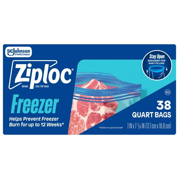 ZiplocĀ® Brand Quart Freezer Storage Bags, Stay Open Design, Easy to Fill, 38 Count