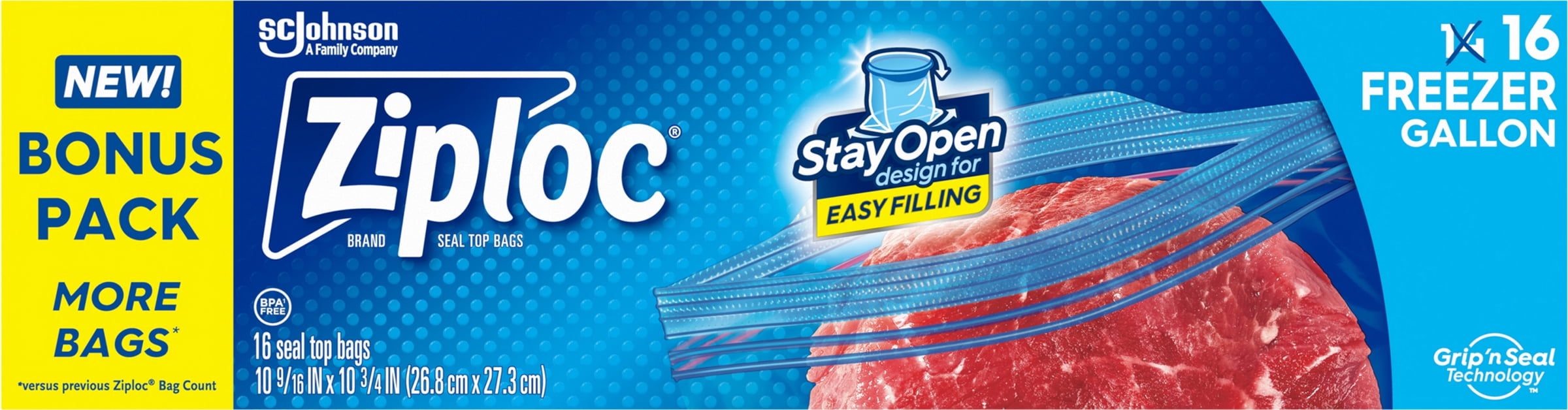 Ziploc Brand Freezer Bags with Stay Open Design, Gallon, 16, Patented Stand-up Bottom, Easy to Fill Freezer Bag, Unloc a Free Set of Hands in the Kitchen, Microwave Safe, BPA Free