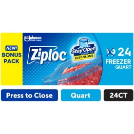 Ziploc Brand Freezer Bags with Stay Open Design, Quart, 24, Patented Stand-up Bottom, Easy to Fill Freezer Bag, Unloc a Free Set of Hands in the Kitchen, Microwave Safe, BPA Free