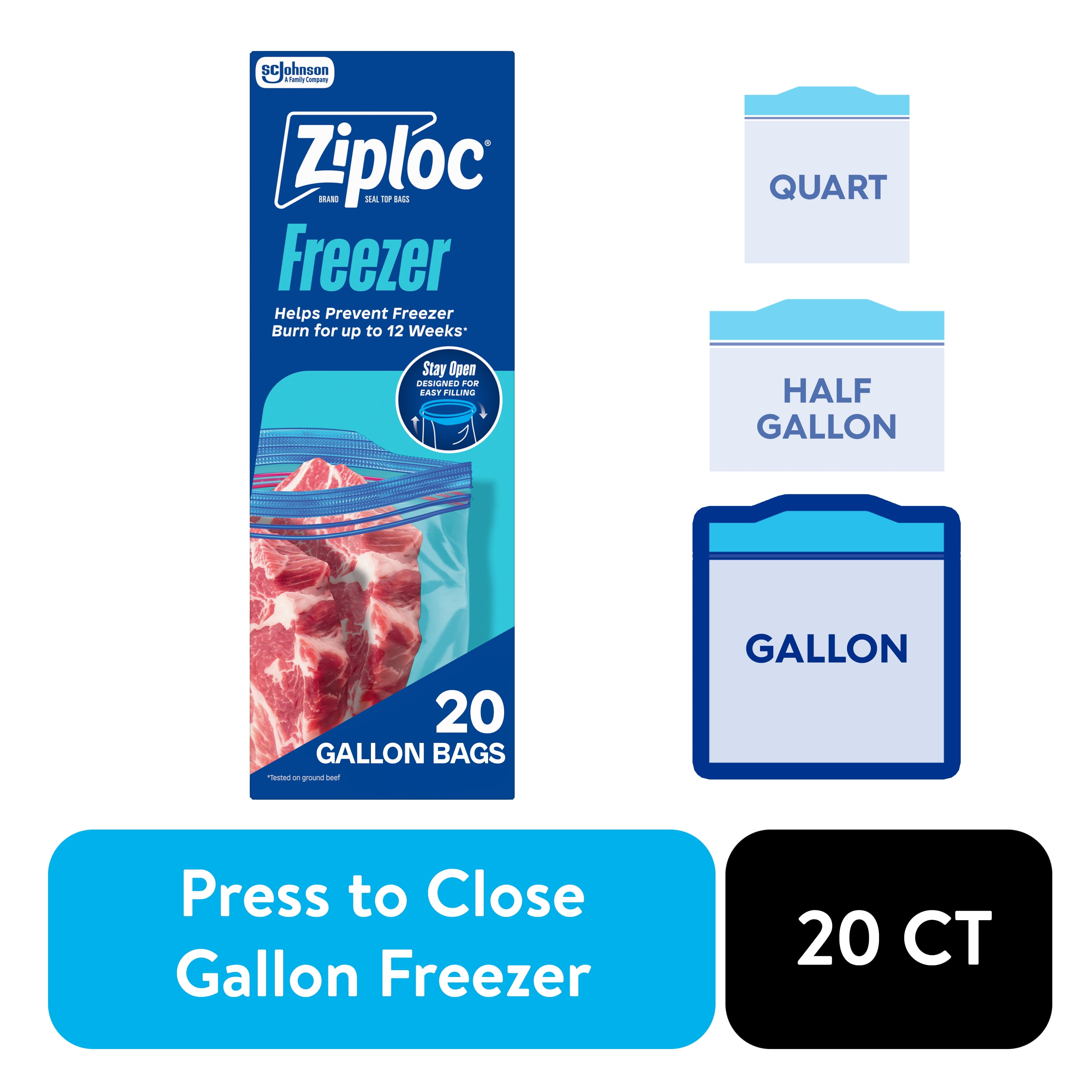 Ziploc® Brand Gallon Freezer Bags, Resealable, Large Storage, 20