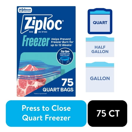 Ziploc Brand Freezer Bags, School Supplies, with Grip 'n Seal Technology, Quart, 75 Count