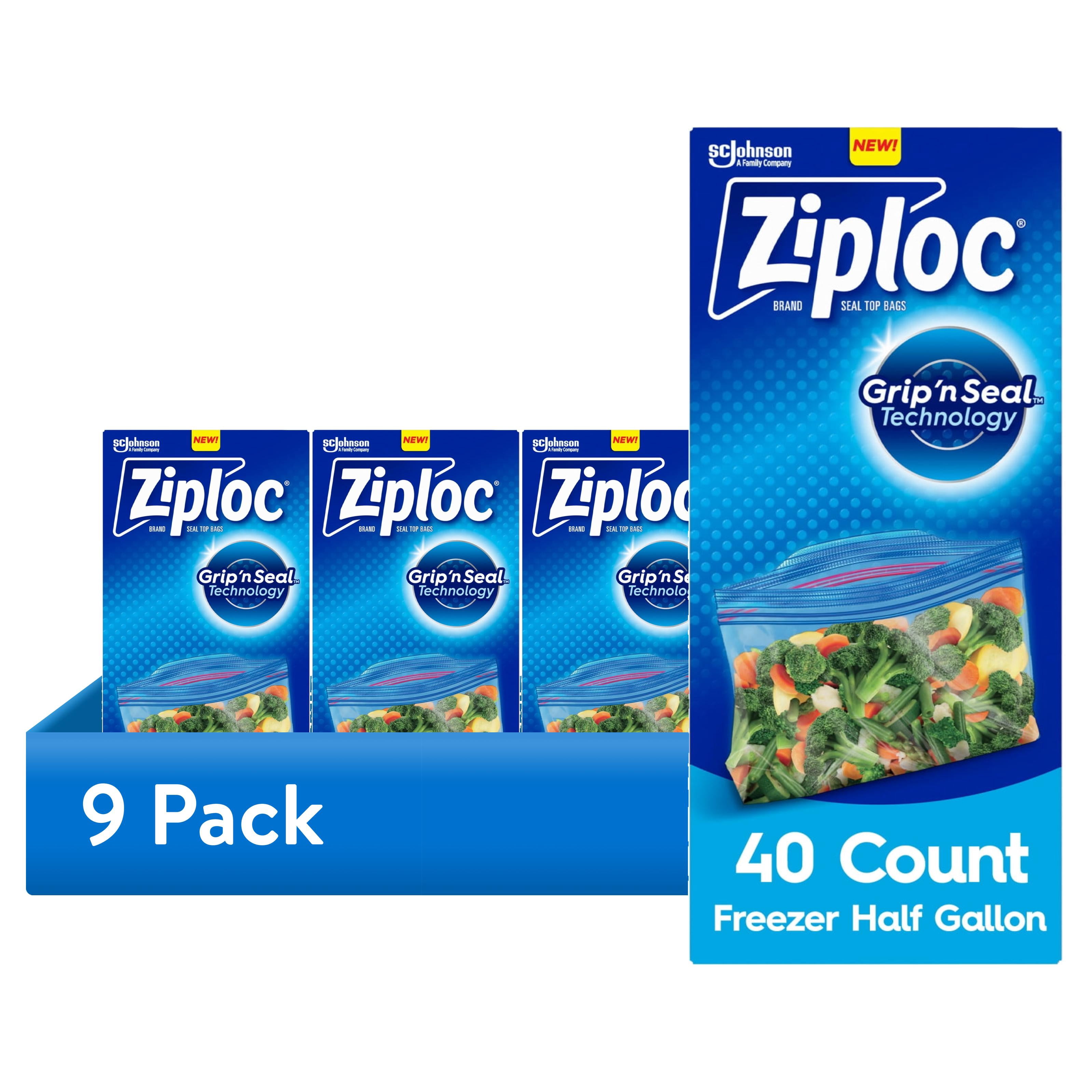(9 pack) Ziploc® Brand Freezer Half Gallon Food Storage Bags, Grip 'n Seal Technology, Zipper, 40 Count