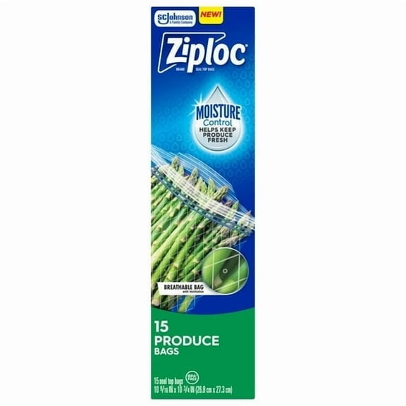 Ziploc® Brand Gallon Produce Storage Bags, Breathable Bag, Moisture Control, 15 Count