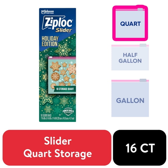 Ziploc Brand Holiday Storage Quart Slider Bags, 16 Count, Reusable, Easy-Close Slider, Expandable Bottom, Power Shield Technology, Limited Edition, Festive Holiday Designs
