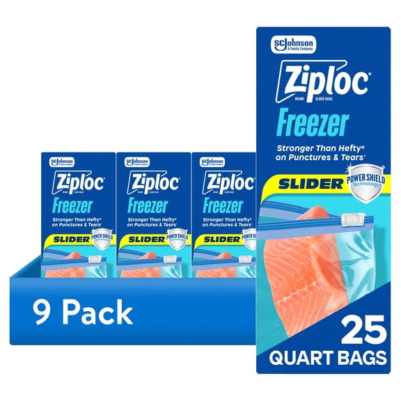 (9 pack) Ziploc® Brand Quart Freezer Slider Food Storage Bags, Power Shield™ Technology for More Durability, 25 Count
