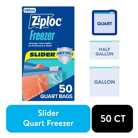 Ziploc Brand Slider Freezer Bags, School Supplies, Quart Food Storage Bags with Power Shield Technology, 50 Count