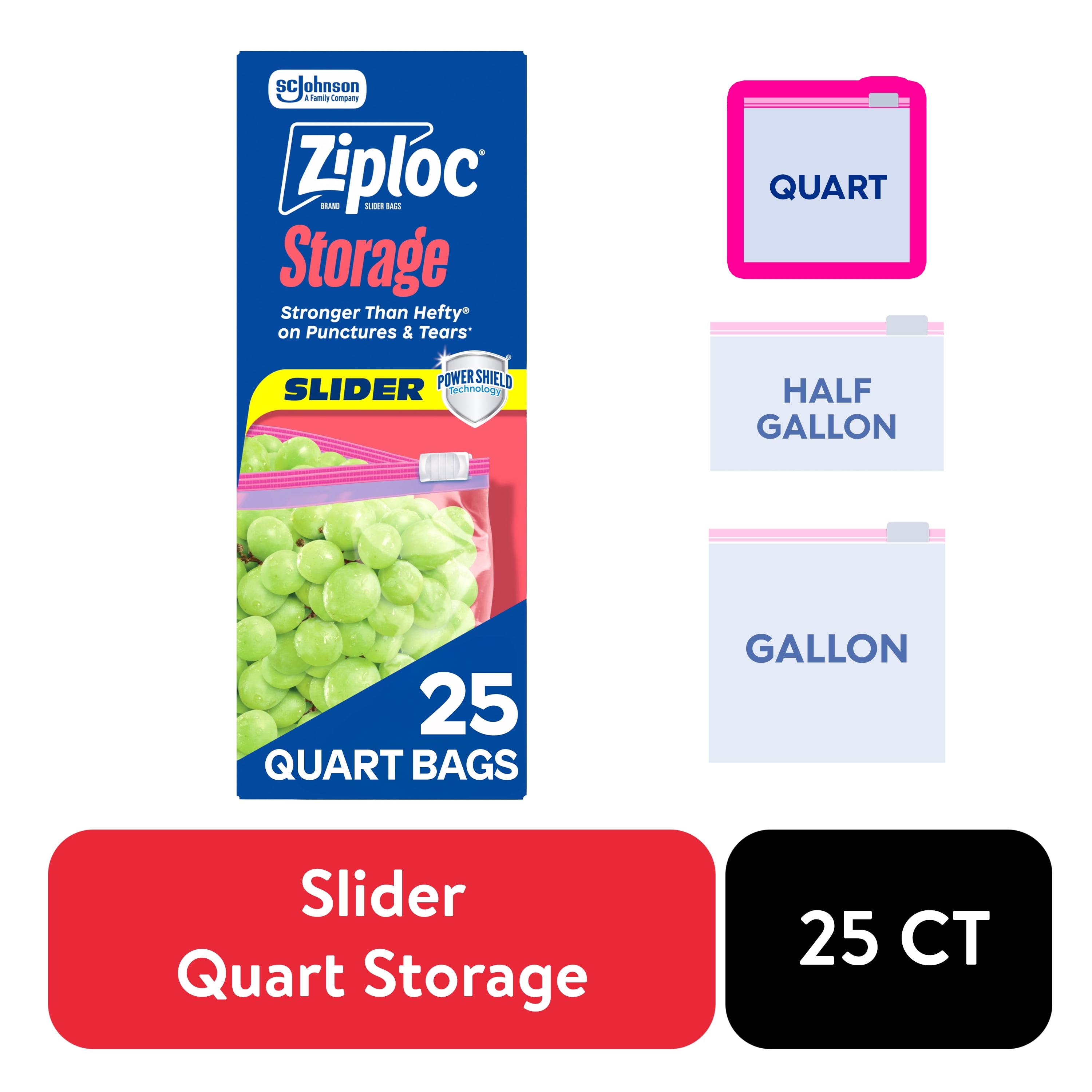 Ziploc Brand Slider Quart Bags with Power Shield Technology, 25