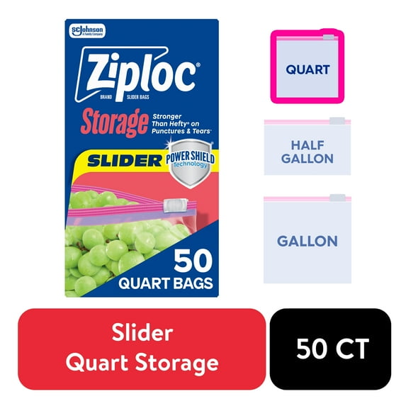 Ziploc Brand Slider Quart Food Storage Bags, School Supplies, with Power Shield Technology, Zipper, 50 Count