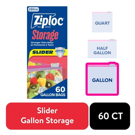 Ziploc® Brand Storage Slider Gallon Bags, Power Shield™ Technology, Expandable Bottom, 60 Count