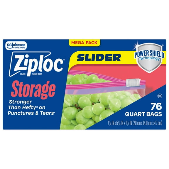 Ziploc Brand Storage Slider Quart Bags, Power Shield Technology, Expandable Bottom, 76 Count