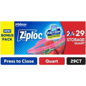 Ziploc Brand Storage Bags with Stay Open Design, Quart, 29 Count, Patented Stand-up Bottom, Easy to Fill Food Storage Bags, Unloc a Free Set of Hands in the Kitchen, Microwave Safe, BPA Free