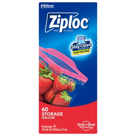 Ziploc Brand Food Storage Bags, School Supplies, with Grip 'n Seal Technology, Zipper, Gallon, 60 Count