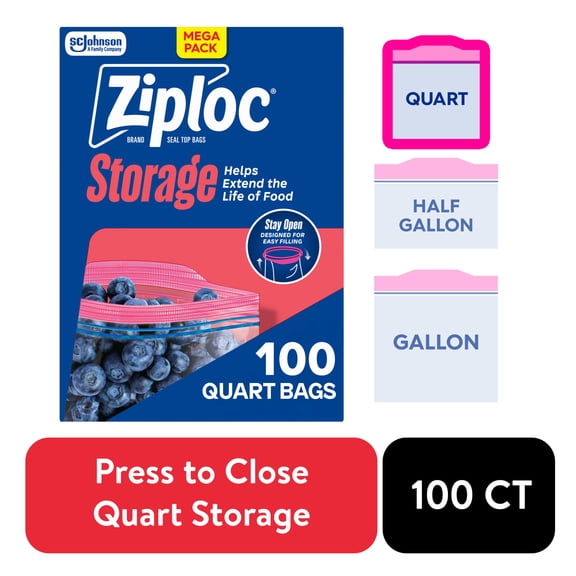 Ziploc Brand Food Storage Bags, School Supplies, with Grip 'n Seal Technology, Zipper, Quart, 100 Count