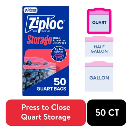 Ziploc Brand Storage Bags, School Supplies, with Grip 'n Seal Technology, Quart, 50 Count