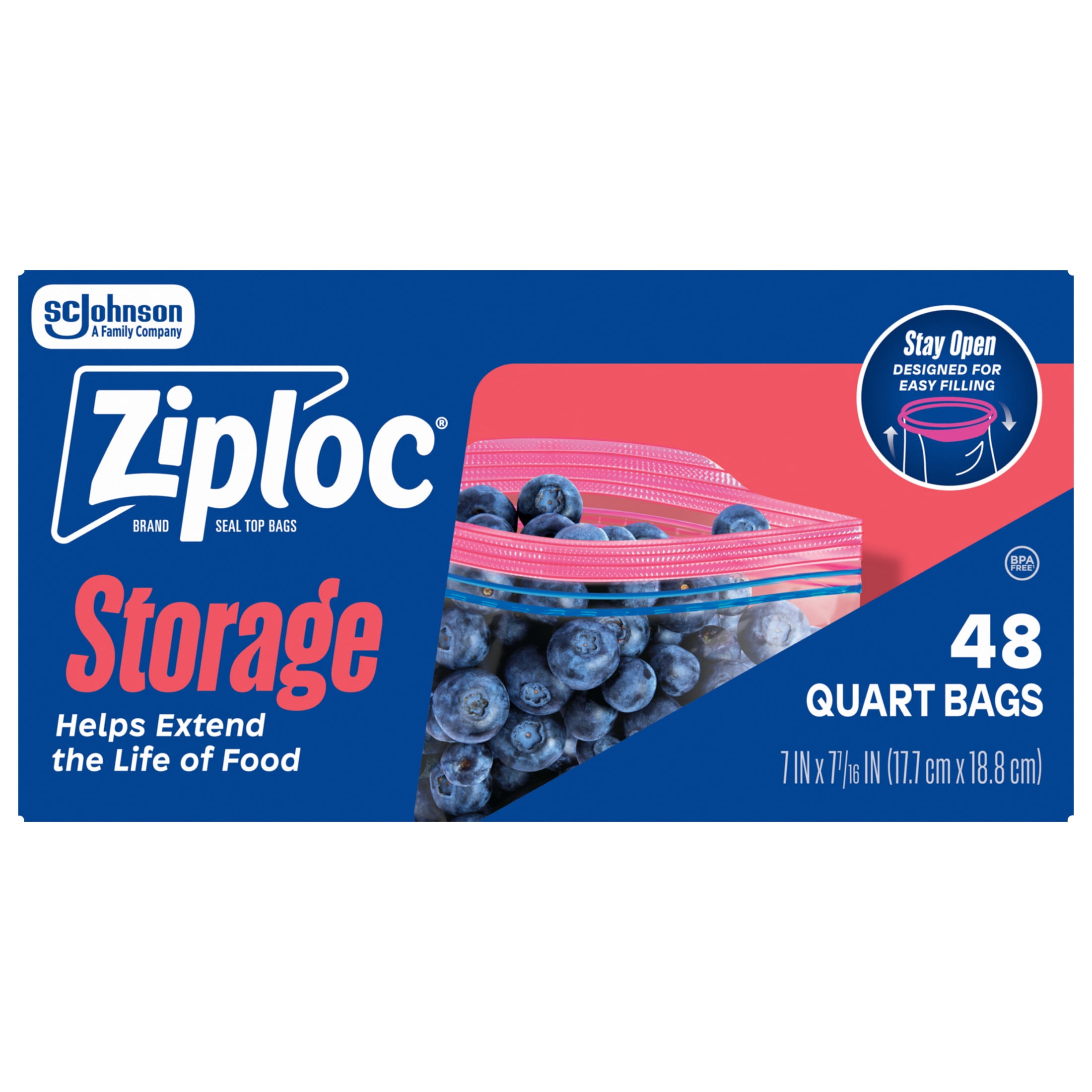 Ziploc® Brand Resealable Storage Quart Bags, Freezer Safe, 48