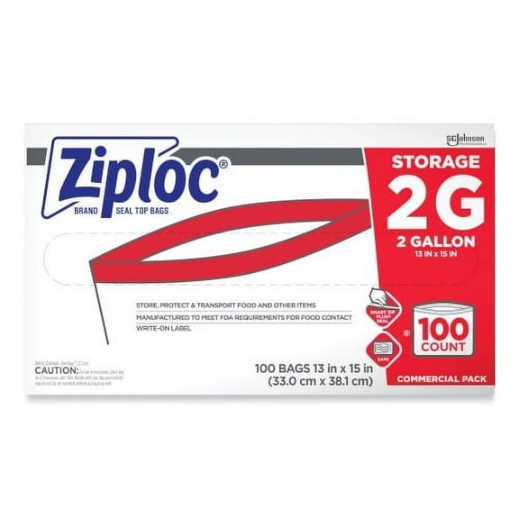 Ziploc Double Zipper Storage Bags, 2 Gallon, 15" x 13", Clear, 100/Carton, Each