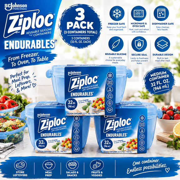 Ziploc Endurables Medium Silicone Food Storage Container, 4 Cups (32 oz), 3 Pack