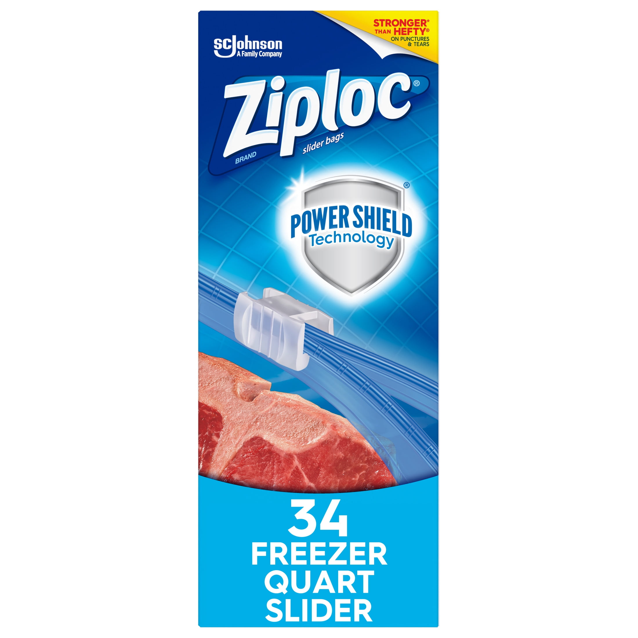 Ziploc Freezer Bags, BPA-free Plastic Quart Size Slider Storage Bags with Power Shield Technology - 34 Count