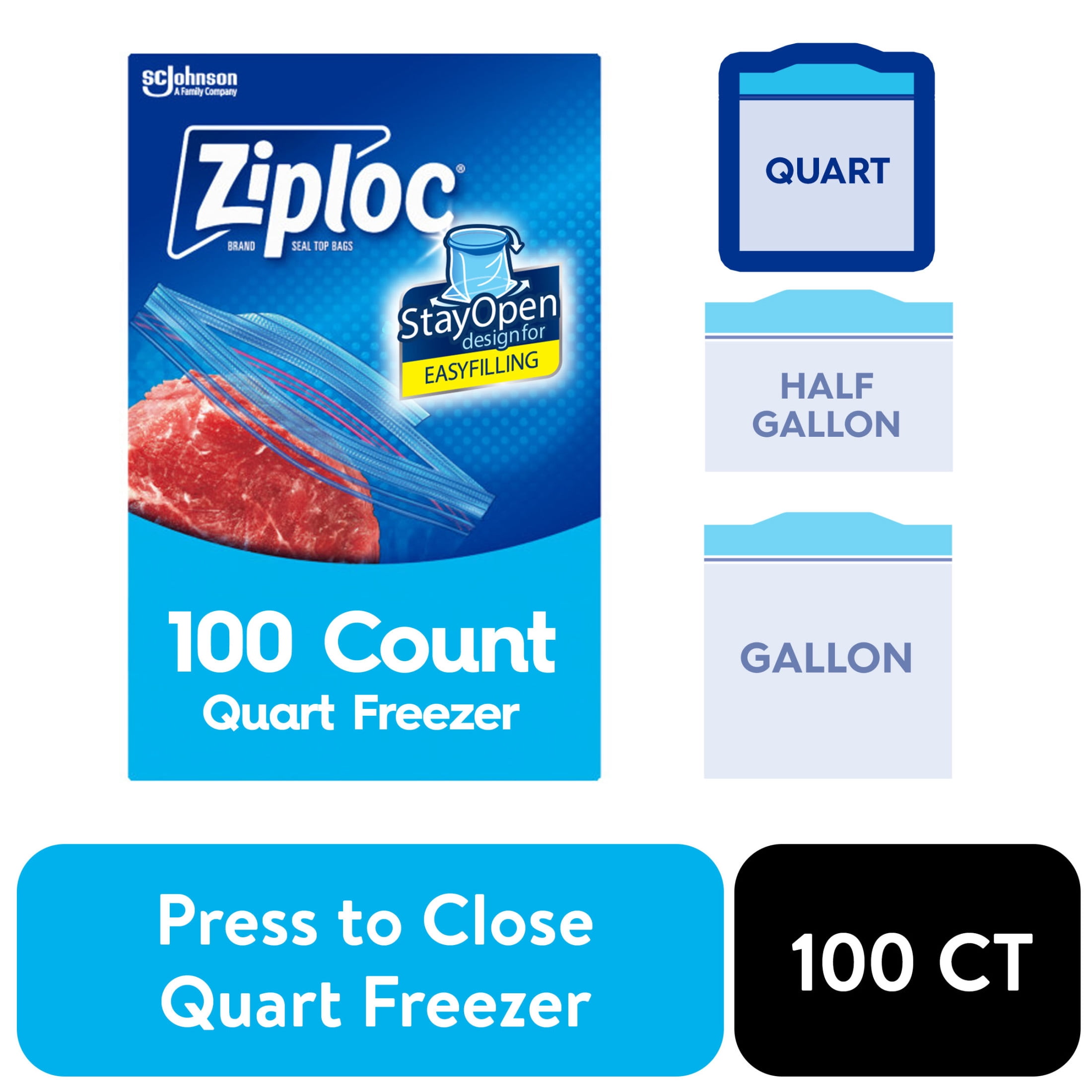 Ziploc Freezer Quart Bag, School Supplies, Stay Open Design, Grip 'n Seal Technology, Reusable, 100 Count