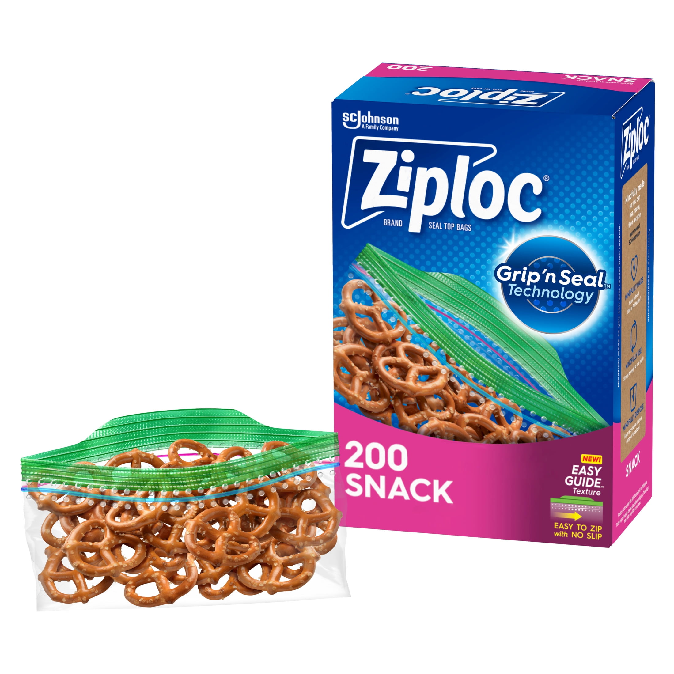 Ziploc Grip n' Seal Technology Reusable Top Seal Snack Bag, 200 Count