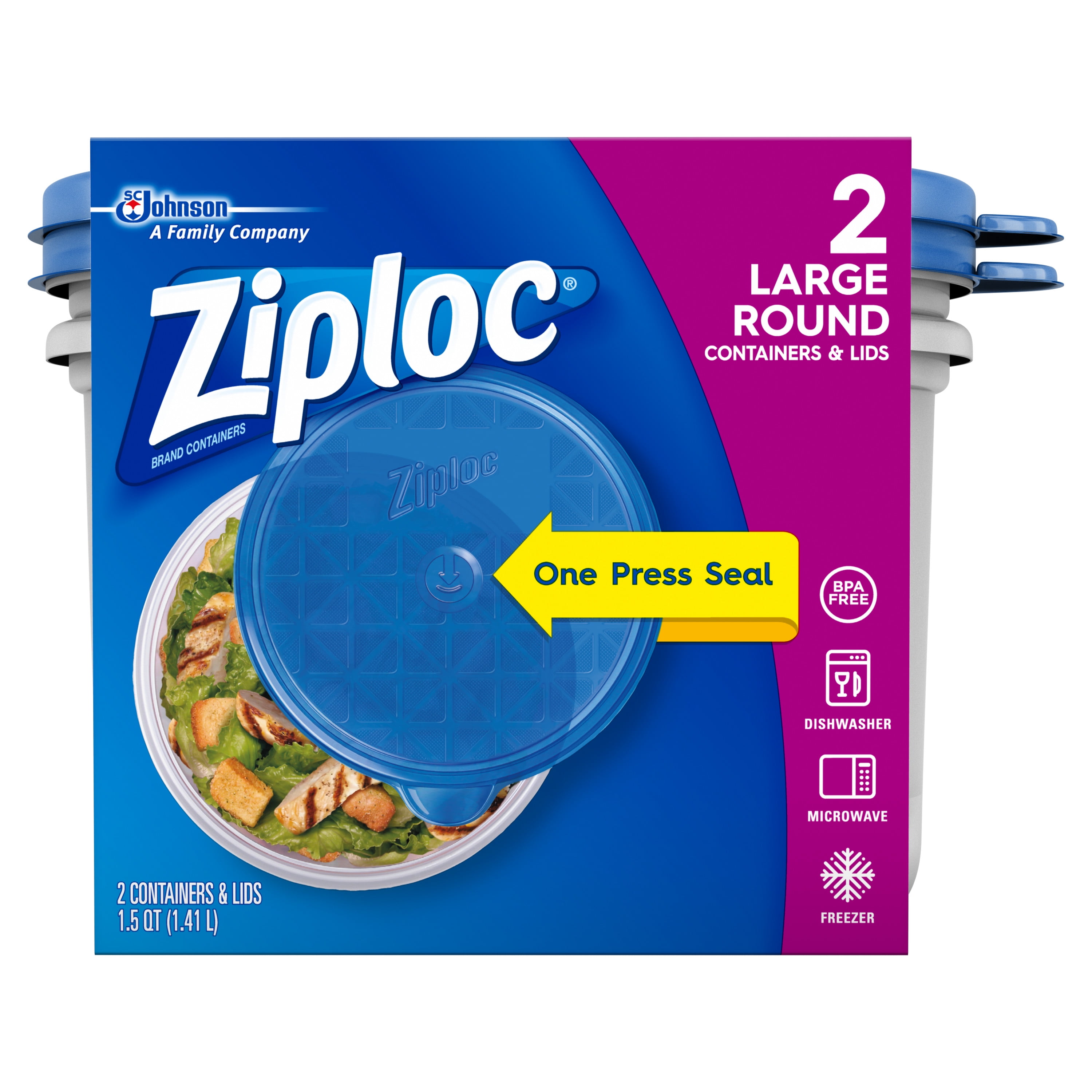 Ziploc Large Bowl Snap 'N Seal Lid 48 Ounce Containers, 2 Count