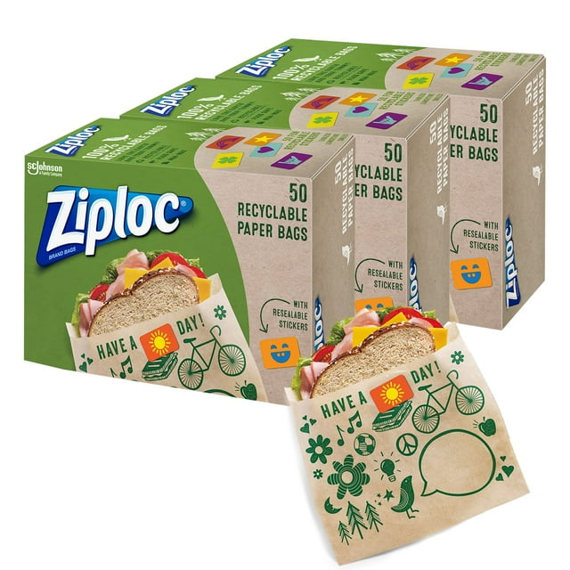 Ziploc Paper Sandwich and Snack Bags, Recyclable & Sealable with Fun Designs, 150 Total Bags