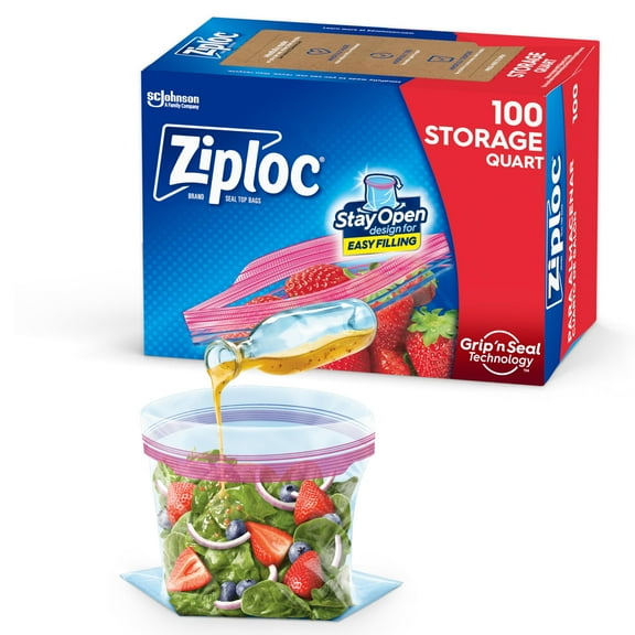 Ziploc Quart Food Storage Bags, Stay Open Design with Stand-Up Bottom, Easy to Fill, 100 Count