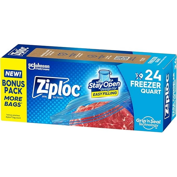 Ziploc Quart Food Storage Freezer Bags, Stay Open Design with Stand-Up Bottom, Easy to Fill, 24 Bags Total( Pack of 2 )
