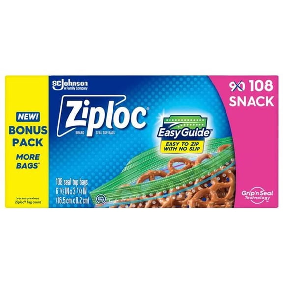 Ziploc 6086221 Grip N Seal Technology Clear Snack Bag - 108 per Pack - Pack of 12