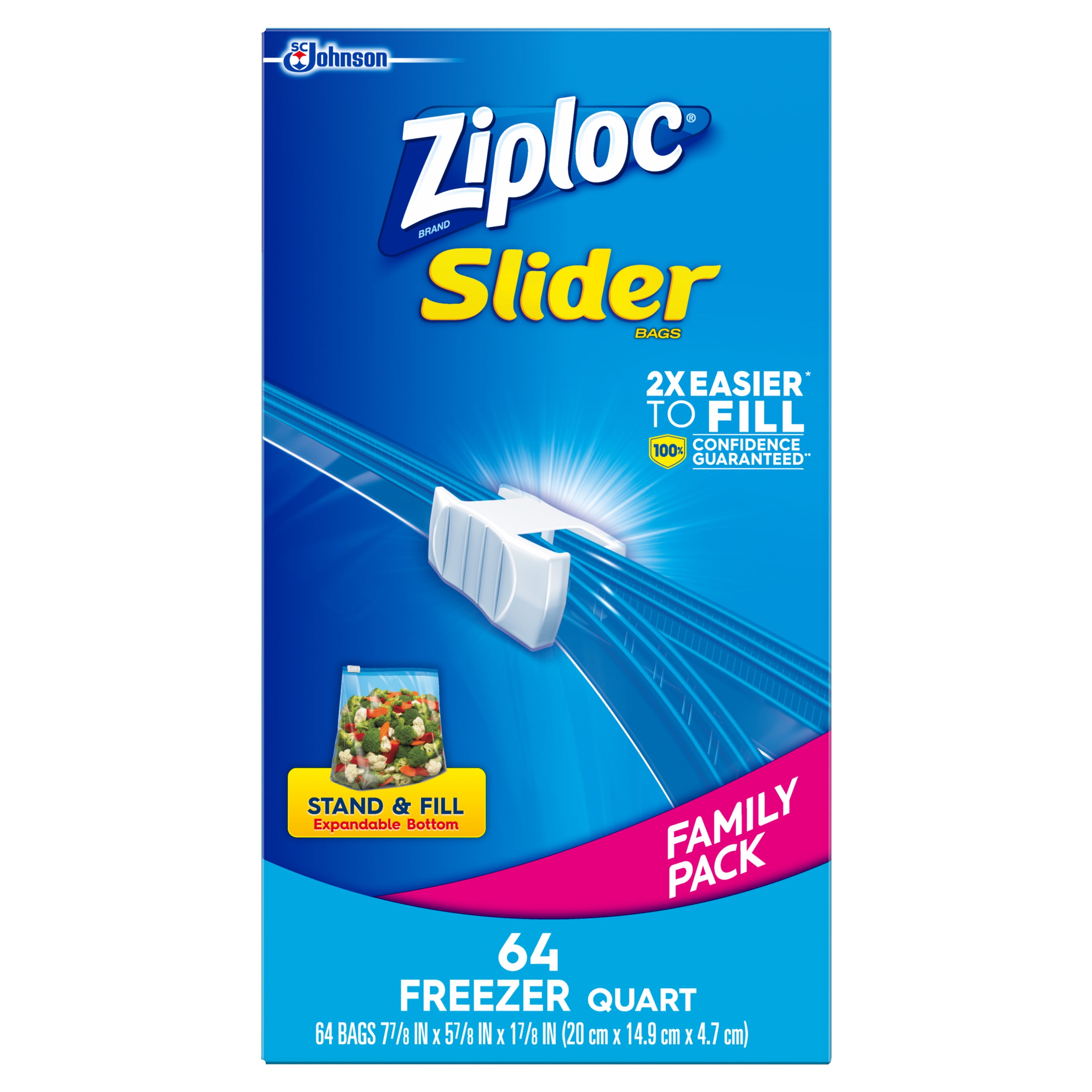 Ziploc Slider Freezer Bags, Clear, Quart - 64 count