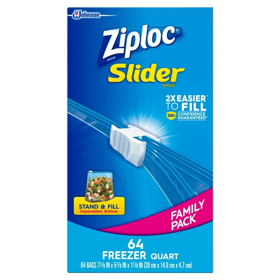 Ziploc Slider Freezer Bags, Quart, 64 ct