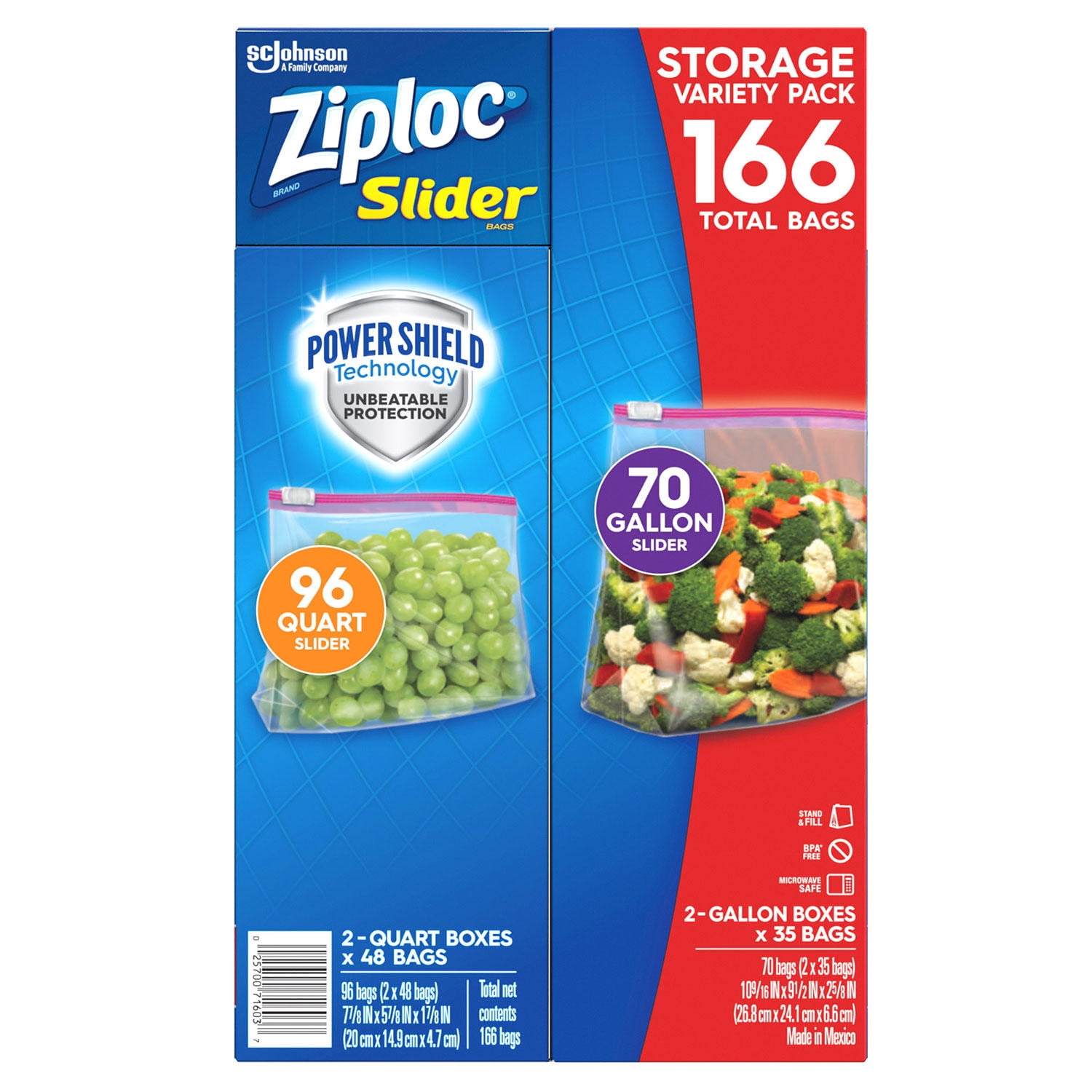 Ziploc Slider Storage Bags 166 Count Variety Pack Quart (96 ct