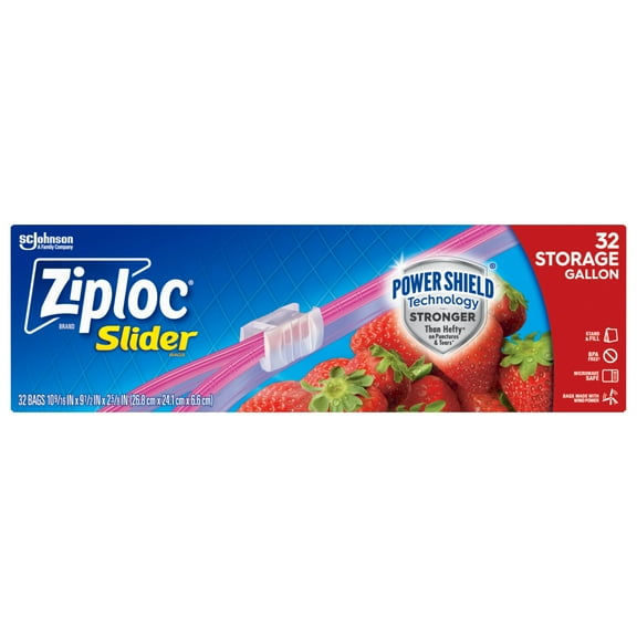 Ziploc Brand Storage Slider Gallon Bags, Power Shield Technology, Expandable Bottom, 32 Count