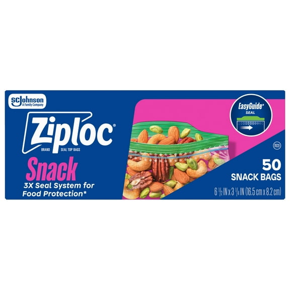 Ziploc Brand Snack Bags with EasyGuide Texture, Grip 'n Seal Technology, 50 Count