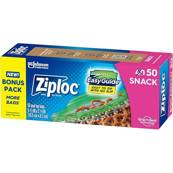 Ziploc Snack Bags with EasyGuide Texture, Small Plastic Storage Bags with Grip 'N Seal Technology, 50 Bags Total( Pack of 2 )