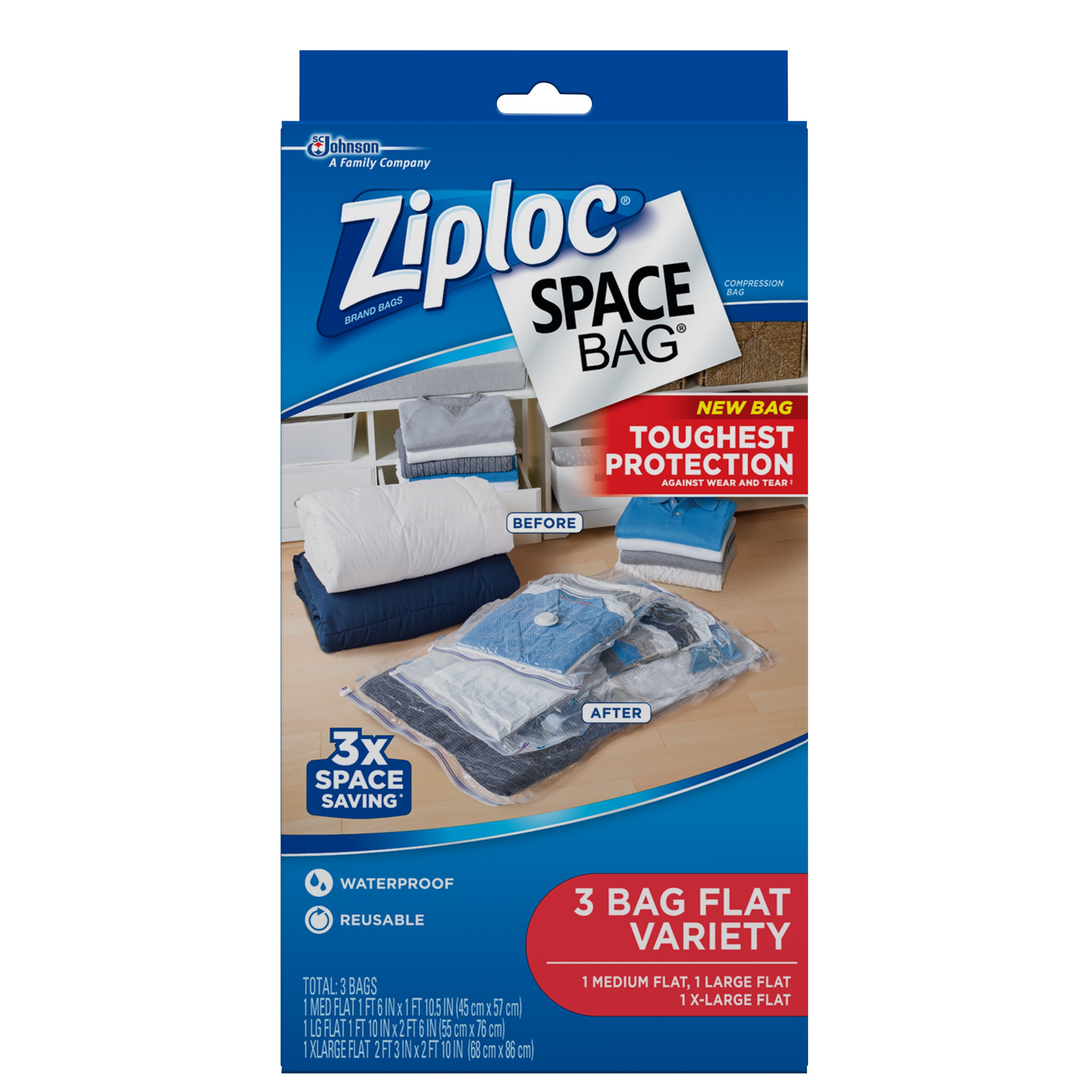 Ziploc Space Bag 3ct Combo Pack (1 Medium Flat, 1 Large Flat, 1 XL