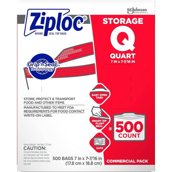 Ziploc Storage Bags, For Food Organization and Storage, Double Zipper, Quart, 500 Count