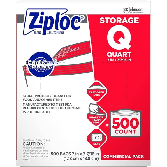 Ziploc Storage Bags, For Food Organization and Storage, Double Zipper, Quart, 500 Count