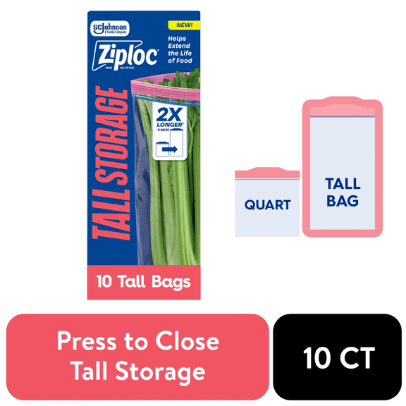Ziploc® Brand Tall Storage Bags, Seal Top Closure, 10 Count