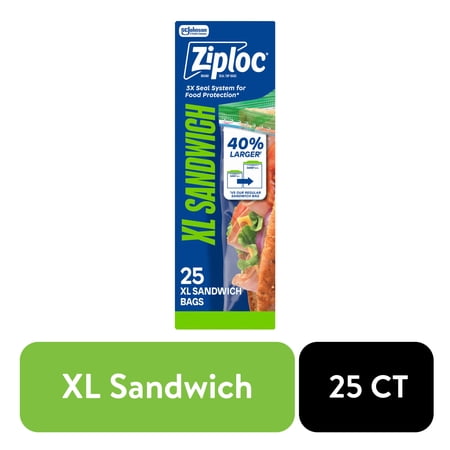 Ziploc® Brand XL Sandwich Bags with EasyGuide™ Texture, Grip 'n Seal Technology™, Food Storage, 25 Count