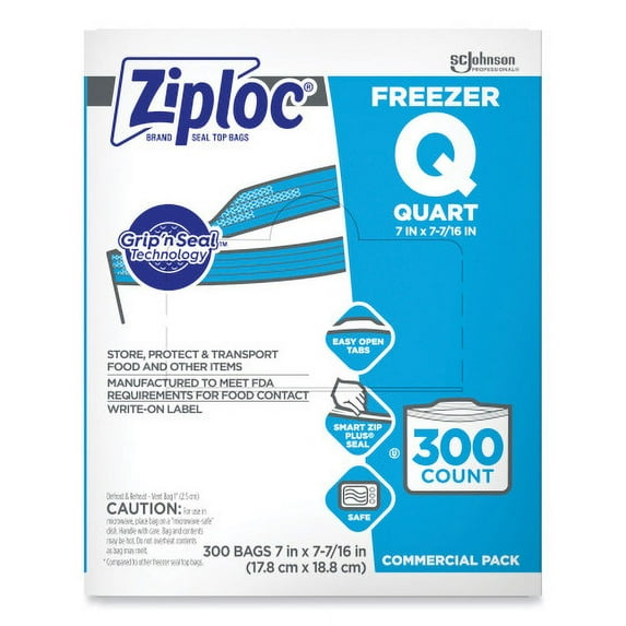 Double Zipper Freezer Bags 1 qt, 2.7 mil, 7" x 7.75", Clear, 300/Carton