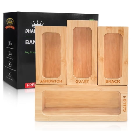 Ziplock Bag Bamboo Storage Organizer for Kitchen Drawer Wooden Dispenser Food Storage Bag Holder Baggie Organizer Compatible with Gallon Quart Sandwich and Snack Plastic Variety Size Bags By Dharmagic