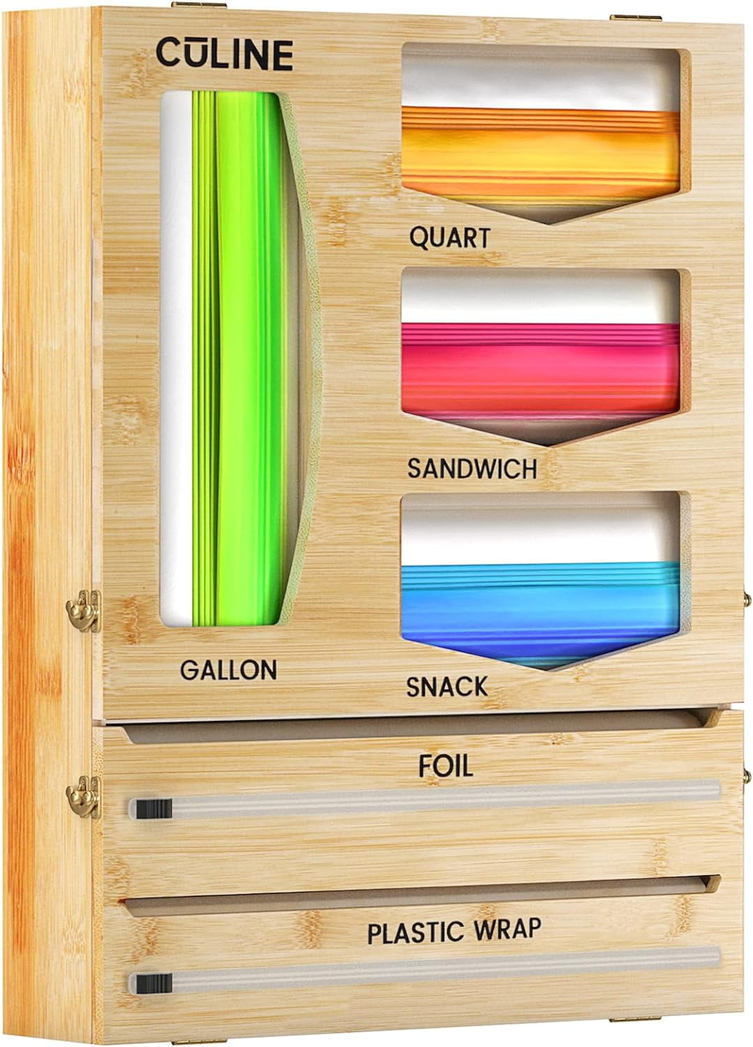 Bamboo Ziplock Bag Organizer & Kitchen Holder, Foil & Plastic Wrap Dispenser with Cutter for