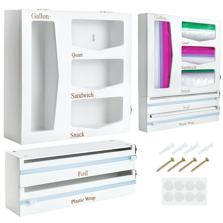 Umra Ziplock Bag Storage Organizer, Foil & Plastic Wrap Dispenser with Cutter, Zip Lock Organizer for Gallon, Quart, Sandwich &Snack size, Bamboo