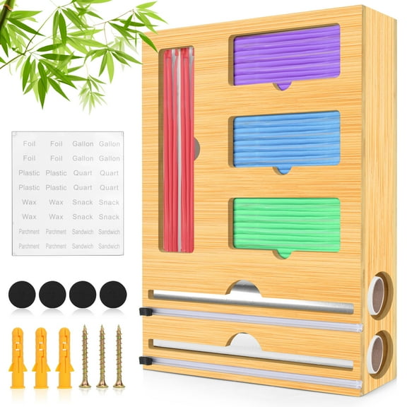 Ziplock Bag Storage Organizer for Kitchen Drawer & Wrap Dispenser with Cutter, 6 in 1 Bamboo Organizer Compatible with 12" Aluminum Foil Roll, Suitable for Gallon, Quart, Sandwich Bags, Roll etc
