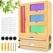Ziplock Bag Storage Organizer for Kitchen Drawer & Wrap Dispenser with Cutter, 6 in 1 Bamboo Organizer Compatible with 12 Aluminum Foil Roll, Suitable for Gallon, Quart, Sandwich Bags, Roll etc