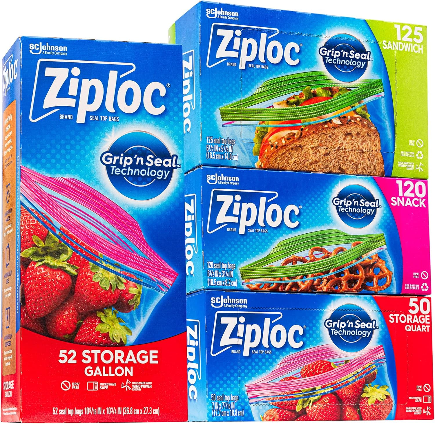 Ziplock-Bags Variety Pack – 52 Storage Gallon Bags - 50 Storage Quart Bags - 125 Sandwich Bags - 120 Snack Bags (Total 347 Bags)