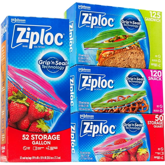 Ziplock-Bags Variety Pack – 52 Storage Gallon Bags - 50 Storage Quart Bags - 125 Sandwich Bags - 120 Snack Bags (Total 347 Bags)