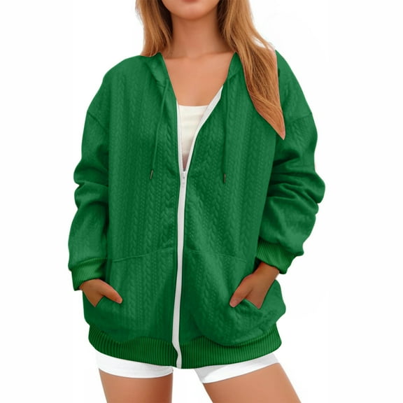 Zipped Hoodies for Women Fall Winter Jacket Full Zip Hoody Sweatshirts Warm Oversized Long Sleeve Hooded Sweat Tops Womens Knit Jacket Zipped Hoodie Thermal Outwear green XXL
